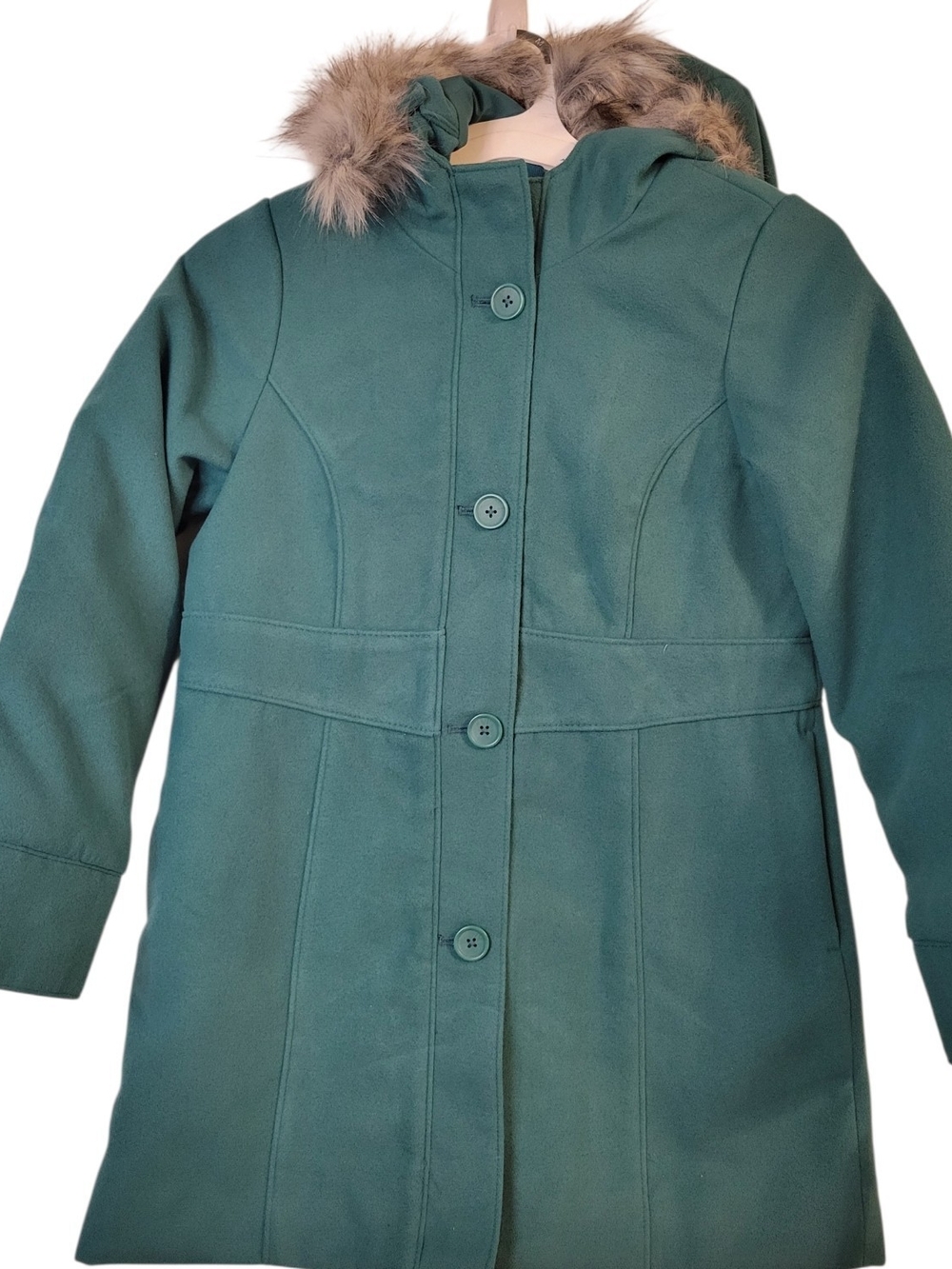 Cat & Jack Teal Hooded Pea Coat with Faux Fur Trim